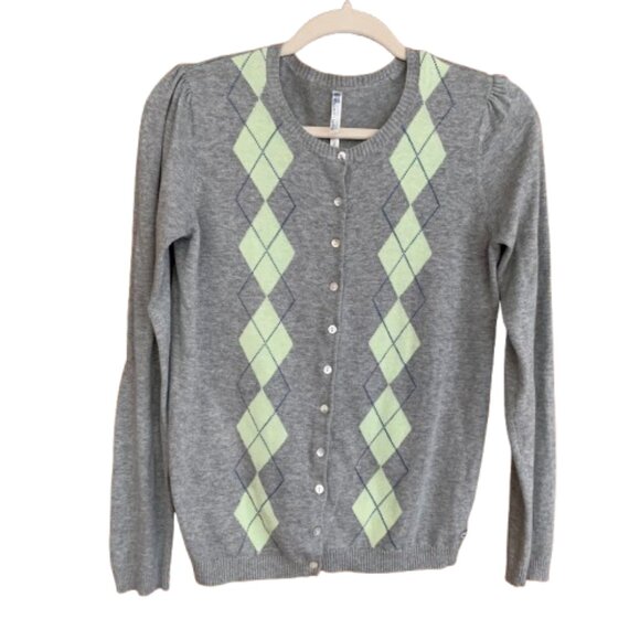 Ralph Lauren Polo Jeans Argyle Gray Women's Medium Button Down Cardigan Sweater - Picture 1 of 13